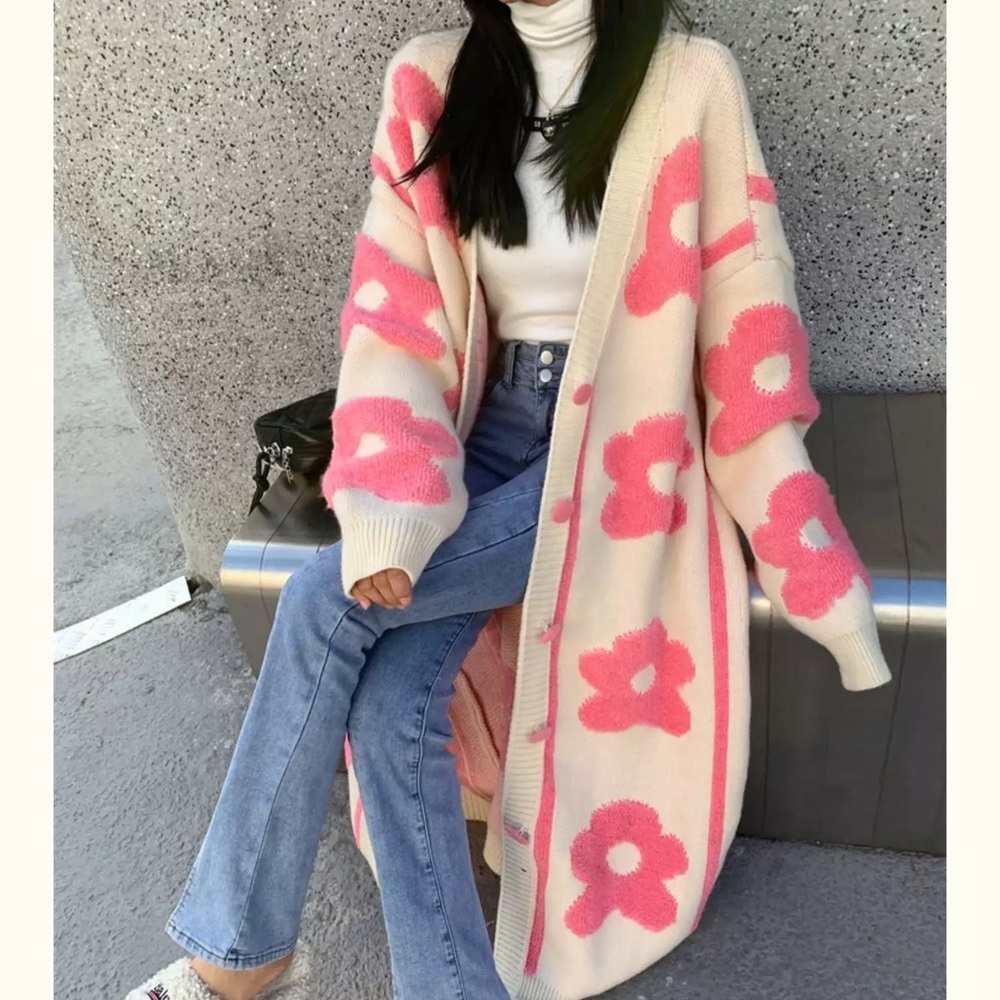 Floral cardigan sweater cream pink large flower button down vneck NWT NEW